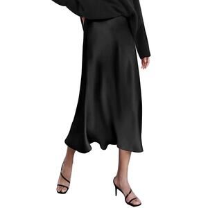 Zeagoo Black Classic Minimalist Satin Slip Blogger Midi Skirt Size XS